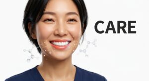 치과 치료 후 밝게 웃는 모습과 케어를 상징하는 이미지