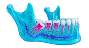 매복사랑니와 턱뼈 구조의 3D 의학 일러스트